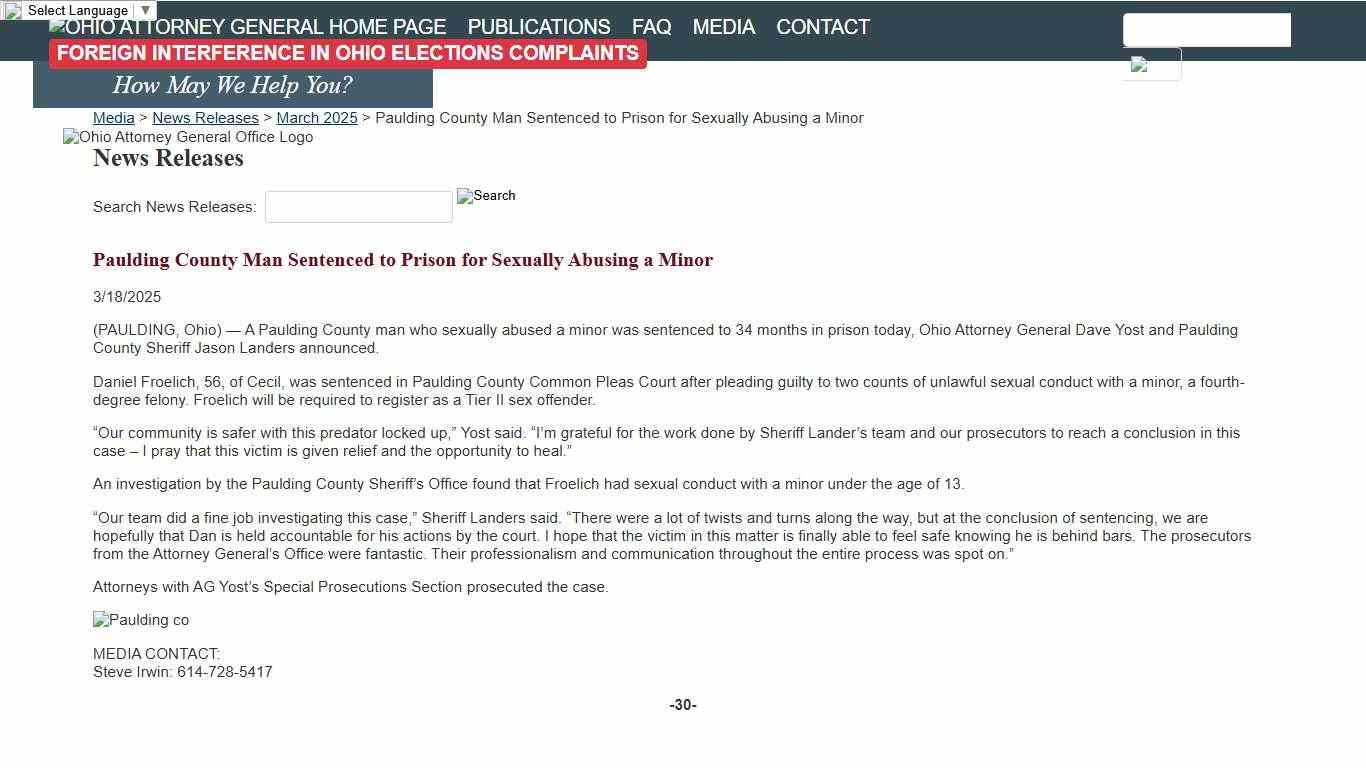 Paulding County Man Sentenced to Prison for Sexually Abusing a Minor - Ohio Attorney General Dave Yost